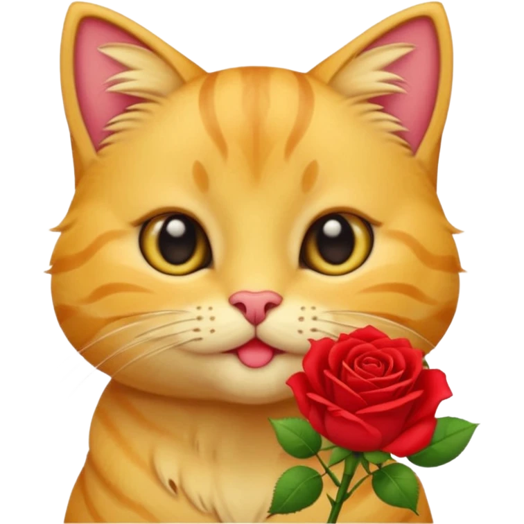 Cute emoji-style yellow tabby cat holding a red rose in its mouth, big round eyes, fluffy fur, clean mascot style, centered, transparent background, 1:1 ratio. emoji