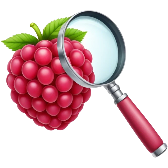 A raspberry R letter holds a magnifier emoji