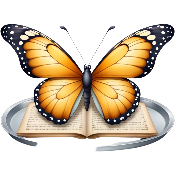 A butterfly balanced on a silver tray of old letters.
 emoji