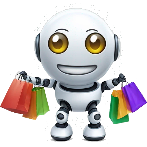 cute white floating spherical happy robot with shopping bags emoji