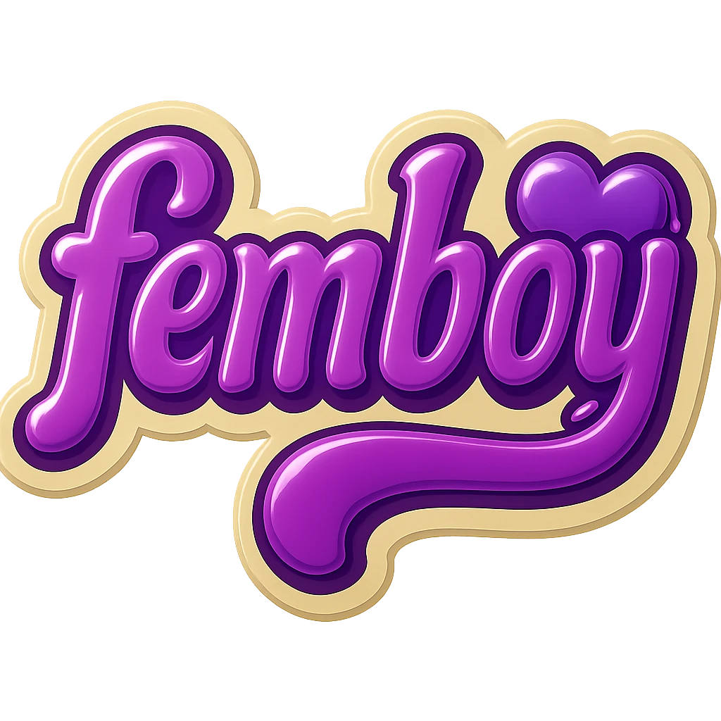 Add a cute purple heart graphic next to the word 'femboy'. Keep the playful bold purple text style. The overall style should be vintage retro sticker style with no background. emoji