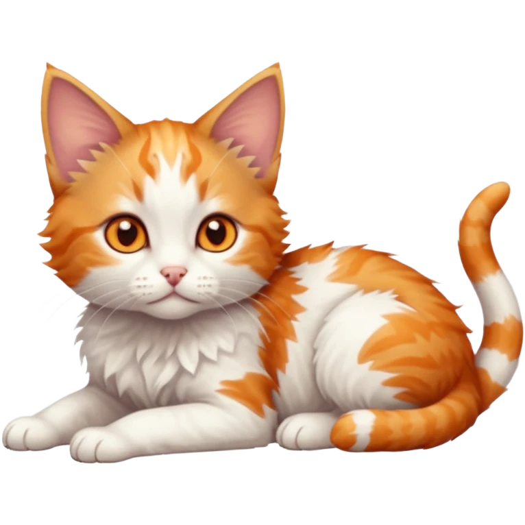 full body of very small + skinny ginger and white kitten with deep orange eyes and triangular shaped face lying down emoji
