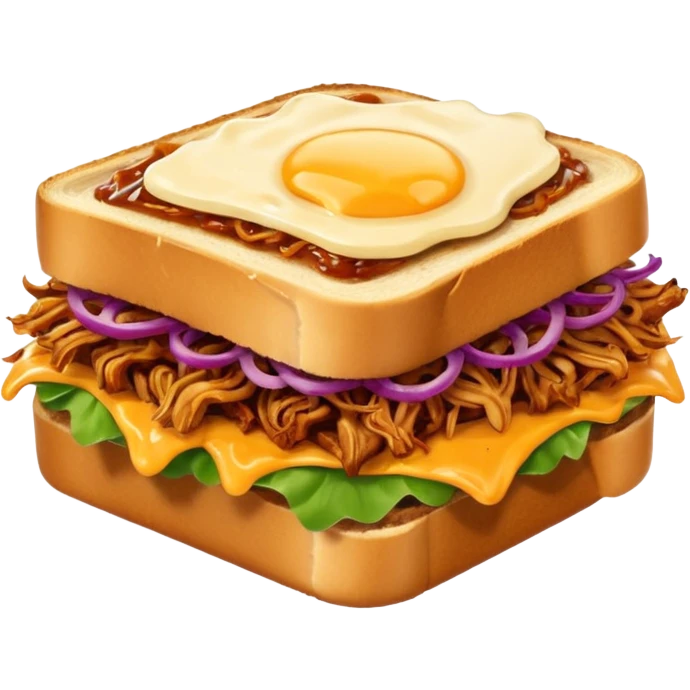 BBQ pulled pork frisco melt on texas toast with crispy onions, no egg on top emoji