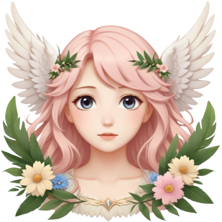 Romantic Dreamy pretty pastel anime flowers feathers wings angelic laurel lady with pretty hair and gorgeous eyes aesthetic emoji