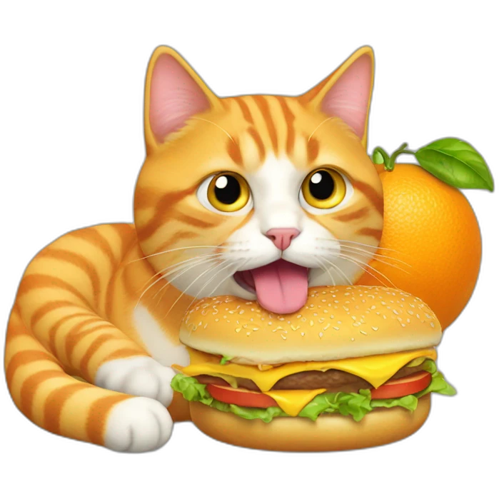 An orange cat chewing a cheeseburger emoji