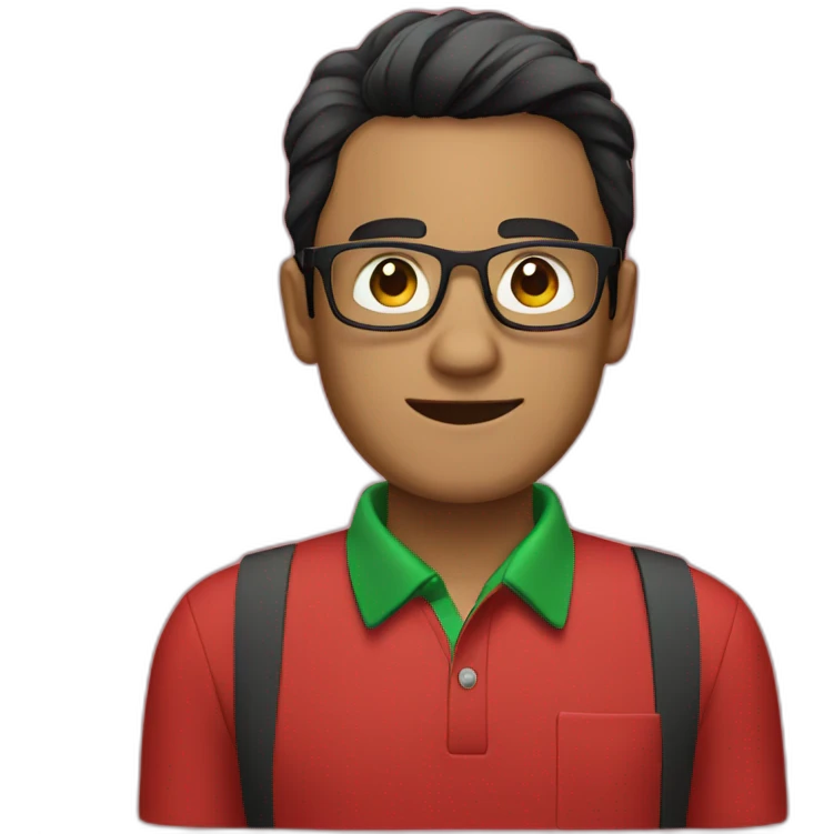 Man with black hair and glasses wearing red shirt with green polo collar emoji