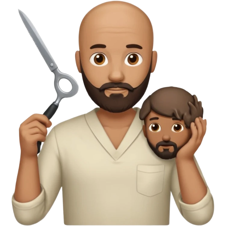 A bald man with a dark brown beard cutting someone’s hair eating poop emoji