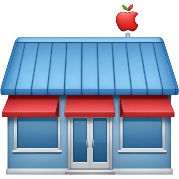 flat vector emoji of small storefront with blue exterior, light gray trim, tiny red accents on handles or signage frame, Apple emoji style, soft rounded edges, minimal details, large front windows, sliding glass doors, small peaked roof, no text, no logos, centered on plain background emoji