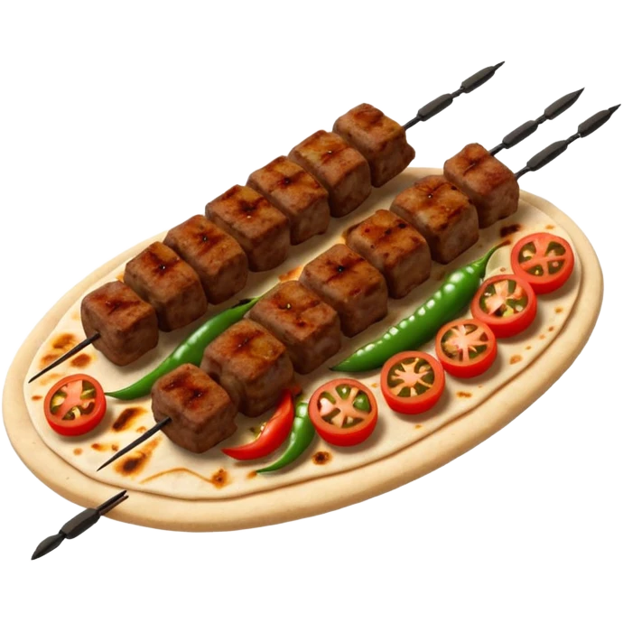 Adana kebab object icon, spicy grilled minced meat skewer, served on flatbread, grilled tomatoes and green peppers on the side, smoky char marks, juicy texture, 3D cartoon, mobile game icon style, centered, clean background, no text, no watermark
 emoji