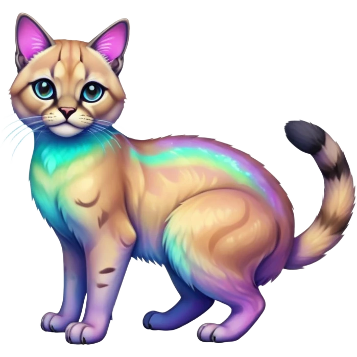 Colorful Neon Gothic exotic iridescent tropical shiny Fantasy-Siamese-Bobcat-Caracal-Scottish-Fold-feline-Fakémon-feline-hybrid (full body) emoji
