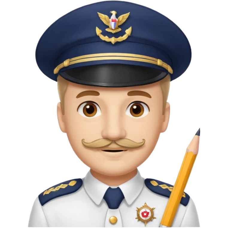 A light-skinned man with brown eyes and Pencil mustache, smiling while wearing a white captain’s hat with a navy emblem. emoji