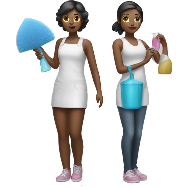 Two girls standing back t back holding cleaning supplies emoji