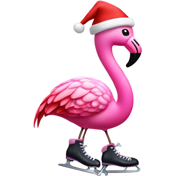 Pink flamingo in ice skates and Santa hat emoji