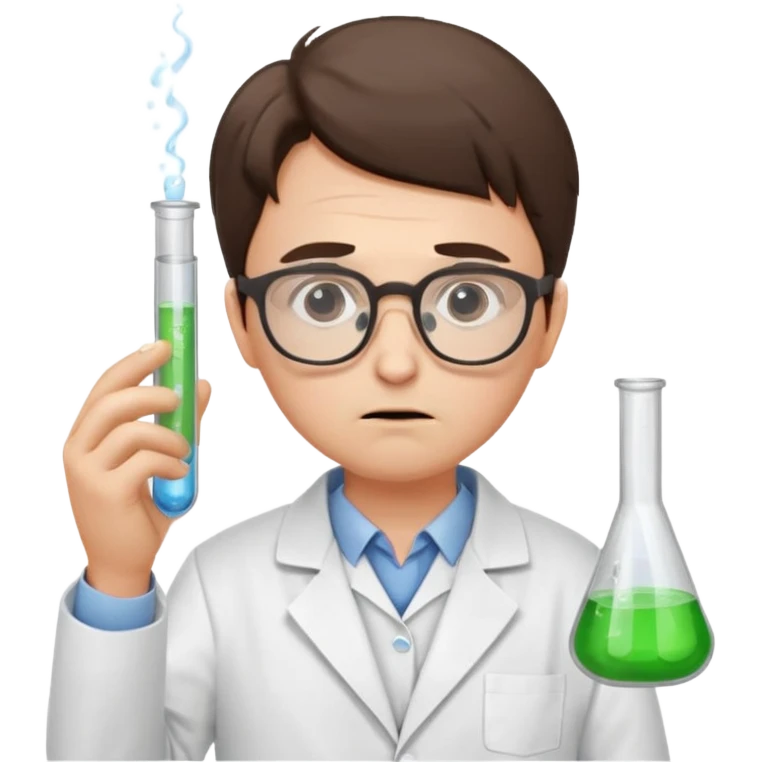 Frowns with Glasses,  Disappointed Scientist: Lab coat, thin glasses, holding test tube, upset expression
 emoji