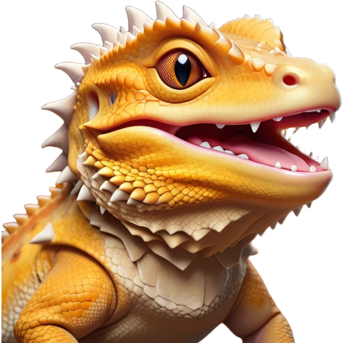 Cinematic Cute Yawning Bearded Dragon Portrait Emoji, Head tilted slightly with a dramatic, wide-open yawn, showcasing a soft, textured scaled hide with its spiky beard partially drooped and eyes barely open in drowsy contentment, Simplified yet irresistibly adorable features, highly detailed, glowing with a soft, cozy glow, high shine, relaxed yet expressive, stylized with a touch of reptilian whimsy, bright and endearing, soft glowing outline, capturing the essence of a sleepy yet affectionate dragon, so drowsy it feels like it could stretch out of the screen and curl up for a nap! emoji