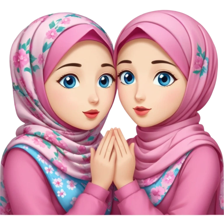 Two best friends Turkish girls beautiful finish Konya blue eyes with pink floral hijab and dress and Scattering kisses outside  emoji