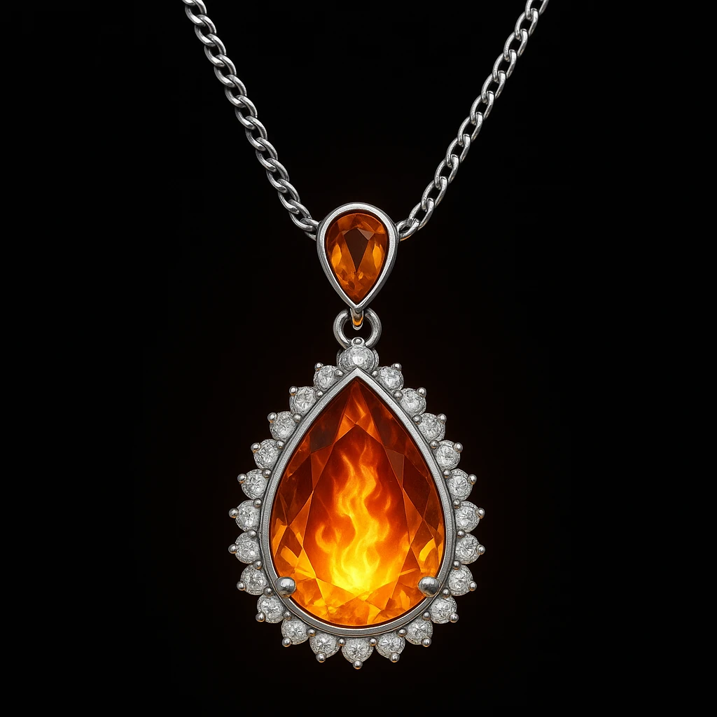 Add a yellow fiery light to the teardrop ruby pendant, representing transformation and rebirth emoji