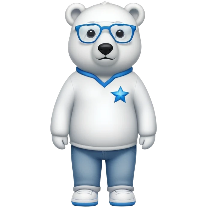 friendly anthropomorphised polar bear standing upright, looking chilled and unbothered, wearing a shirt, jeans, trainers, star-shaped glasses emoji