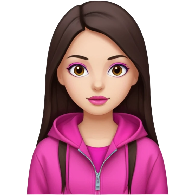 generate a pretty fair bratz girl with dark brown eyes, dark brown hair straight long. Wearing a hot pink zipper hoodie, pink lipgloss emoji