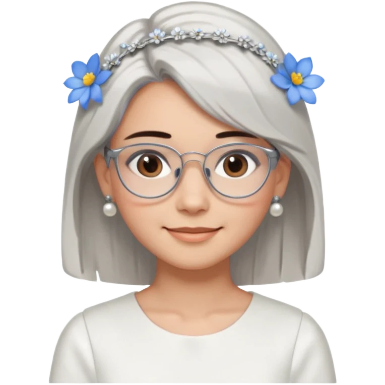 Emoji of a smiling girl with neck-length straight brown hair, fair tan skin, brown eyes, soft black brows, wearing silver glasses, pearl earrings, white hair clips, and blue flowers in her hair. She's in a clean white dress or shirt, with a soft clean girl aesthetic on a white background emoji