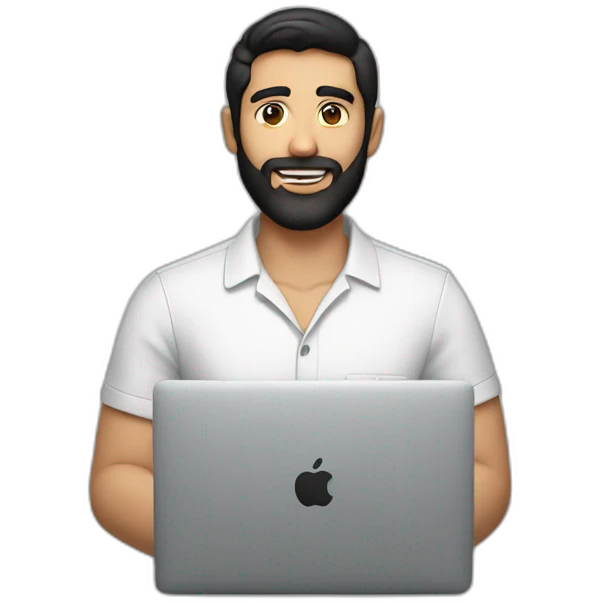 man with black hair, brown eyes, a fine beard, wearing a f1-shirt working with a macbook emoji
