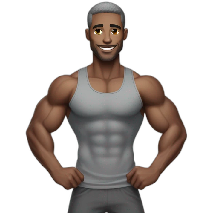 Buff skinny man with gray skin posing for Instagram fitness model emoji