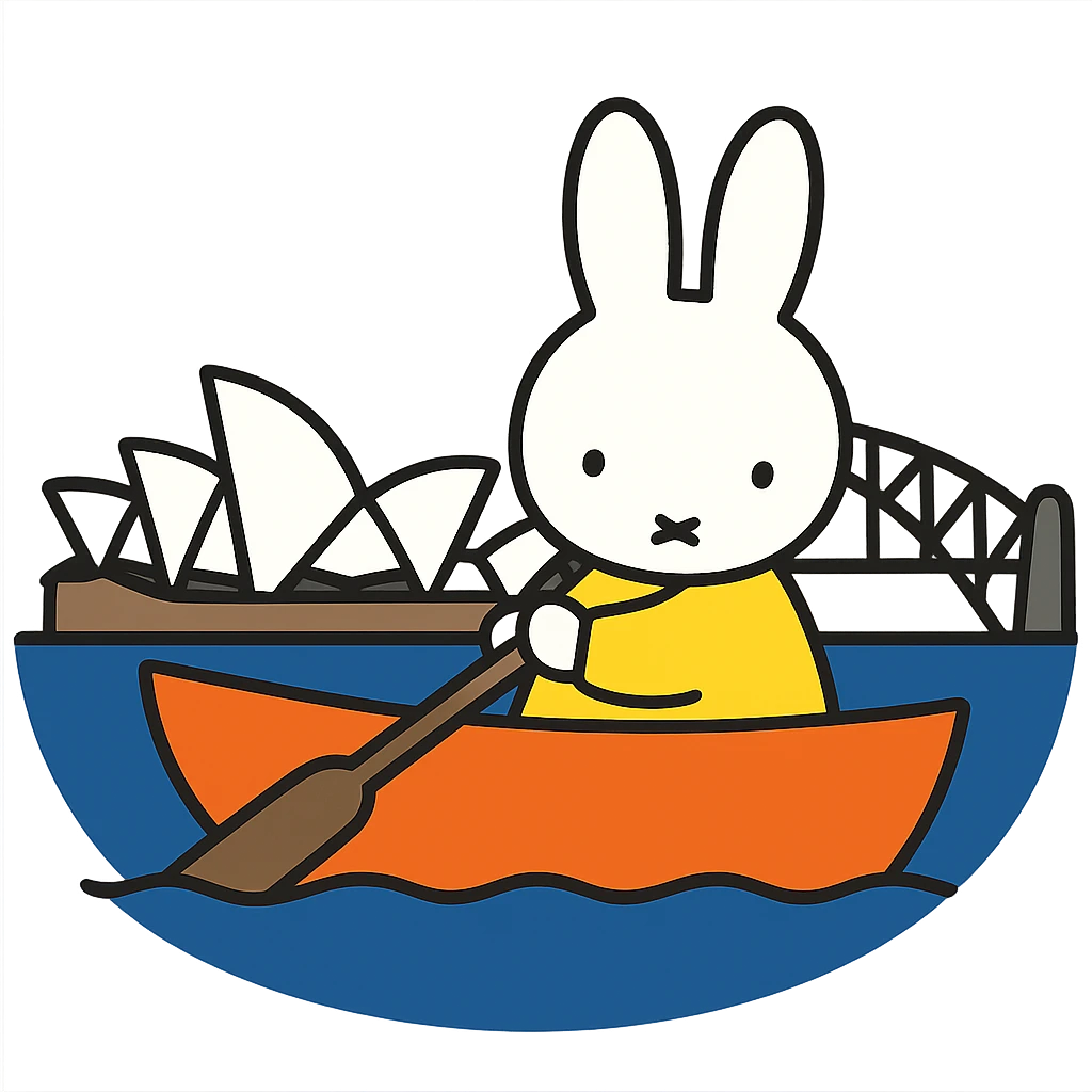 flat toon style Miffy in a boat on Sydney Harbour emoji
