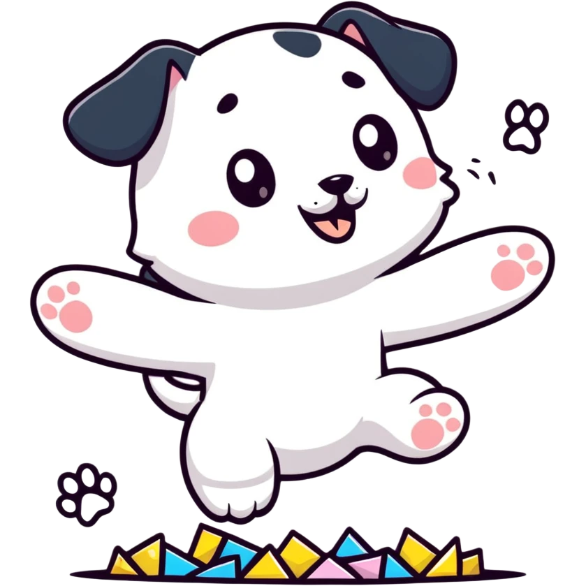 puppy jumping in confetti with paw up emoji