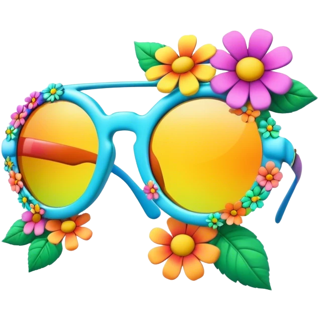 3D, psychedelic colored sunglasses made out of hippie style flowers emoji