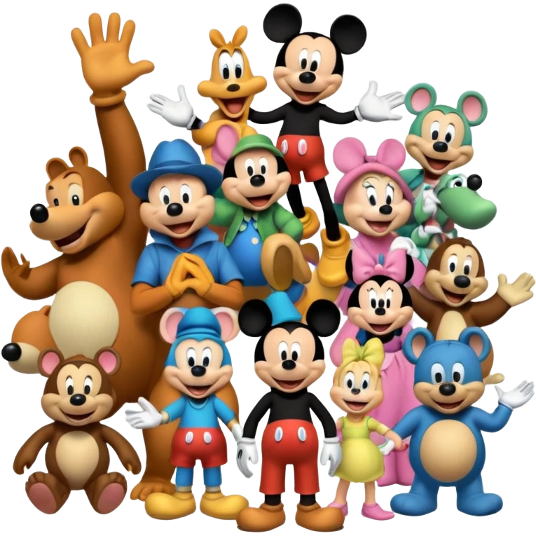 Colorful icon for Animated Movies: A vibrant collage featuring iconic characters like Goofy, Mickey Mouse, Franco, Masha and the Bear and Luntik. Each character should be large and bright, set against a cheerful and playful background of Disneyland. Transparent background. emoji