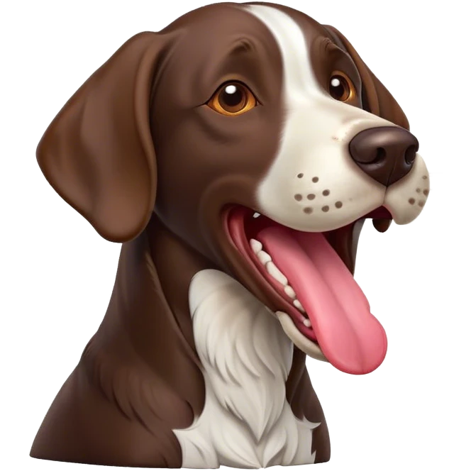 Cinematic Comical German Pointer Dog Portrait Emoji, Head tilted dramatically while yawning exaggeratedly, sleek brown and white fur, Simplified yet hilariously adorable features, highly detailed, glowing with an almost sarcastic glow, high shine, a mix of lazy and curious, stylized with a touch of playful whimsy, bright and alert but with a comical expression, soft glowing outline, capturing the essence of a mischievous yet overly dramatic dog, so meme-worthy it feels like it could leap off the screen and sassily demand attention, ready to become the internet’s next viral sensation! emoji