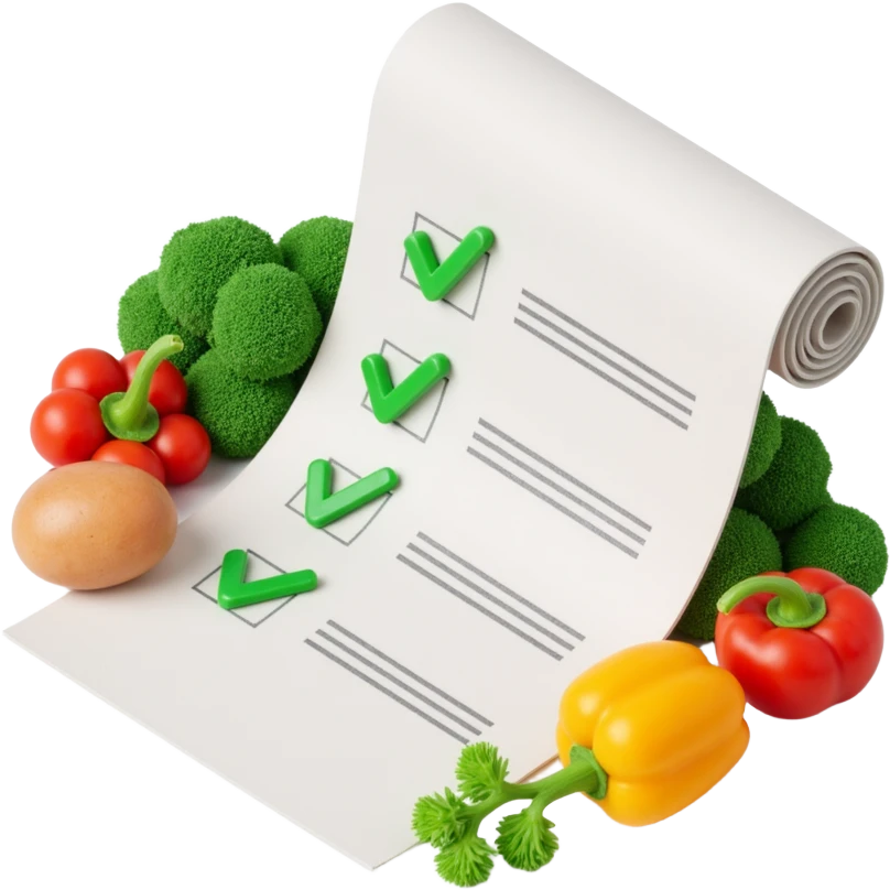 floating rolled paper list with green checkboxes and around vegetables emoji