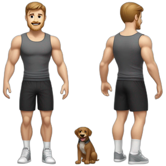 Full height realistic Actively gesturing with hands Pale skinned Fit Man With the biceps and brown hair in dark gray Sleeveless Mike, black oversize sports shorts, watch and white Sneakers emoji