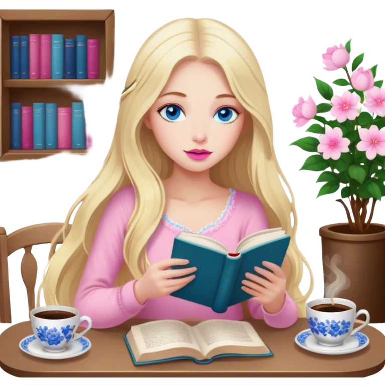 cinematic realistic blonde with long hair, blue eyes, pink lips, sitting in a cozy atmosphere, reading a book, next to the table is a cup of coffee with delicate floral ornaments emoji