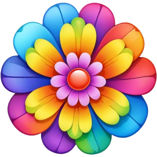 A round psychedelic colored button with a large rainbow colored flower in the center emoji