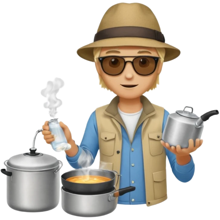 A blonde man camper boiling water on a portable stove, enjoying the outdoor emoji