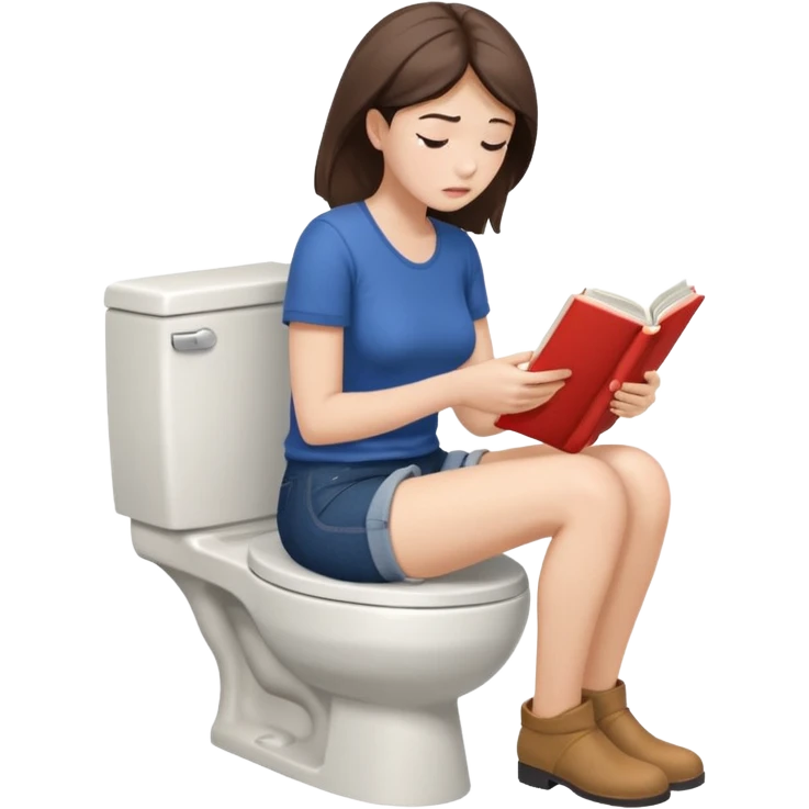A woman is sitting on the toilet, her pants are pulled down and she it reading a book. She is struggling because she tries to poop. Side view emoji