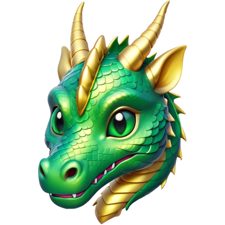 Cinematic Cute Dragon Portrait Emoji, Head tilted playfully and inquisitively, featuring a sleek, serpentine form adorned with iridescent scales that shift between emerald and gold, a delicate set of subtle horns, and round, sparkling eyes full of curious magic; rendered with realistic detail and warm natural light, high shine, affectionate and enchanting, styled with a touch of whimsical fantasy, soft glowing outline, capturing the essence of a mischievous yet lovable dragon that seems poised to slither playfully into your arms! emoji