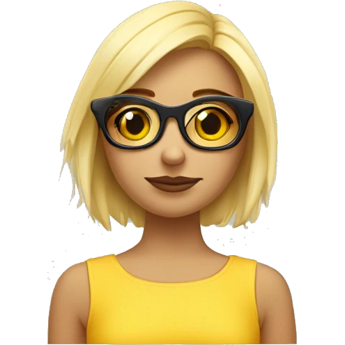 Chica rubia con el pelo corto, morenita de cara, con gafas amarillas finas, delgada y muy ris emoji
