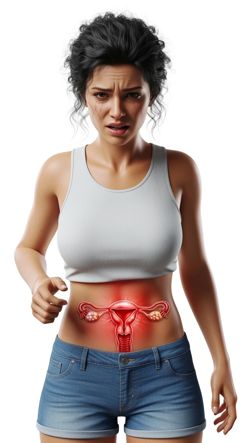 donna con utero umano realistico in evidenza dolorante, espressione di dolore in volto, sfondo bianco, iperrealistica 4k emoji