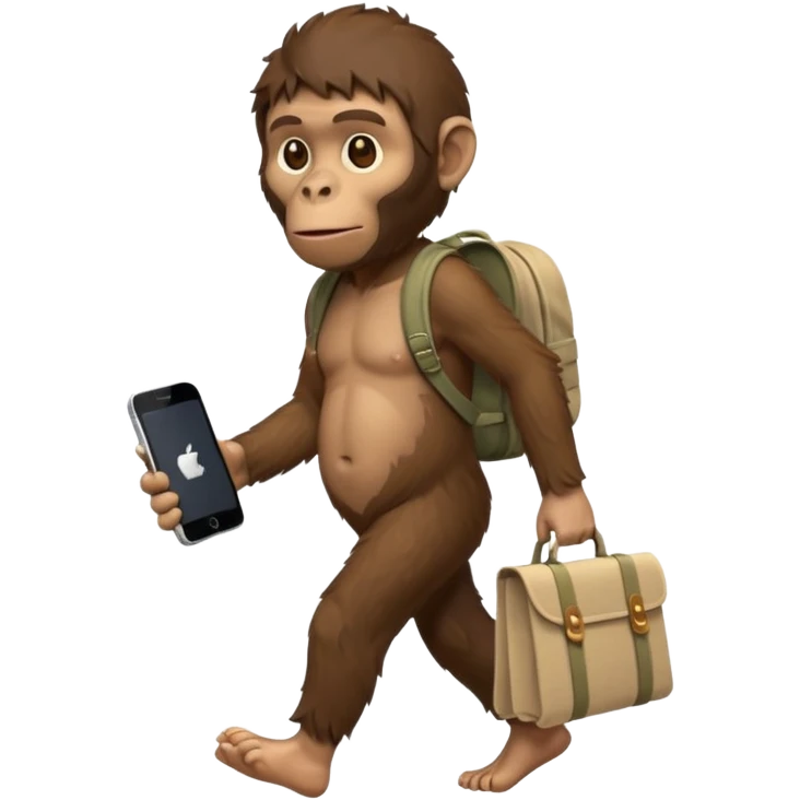 Draw an Australopithecus walking like a nomad, carrying a cloth bundle on its back and holding an iPhone and a laptop, in a cute flat iPhone emoji style. emoji