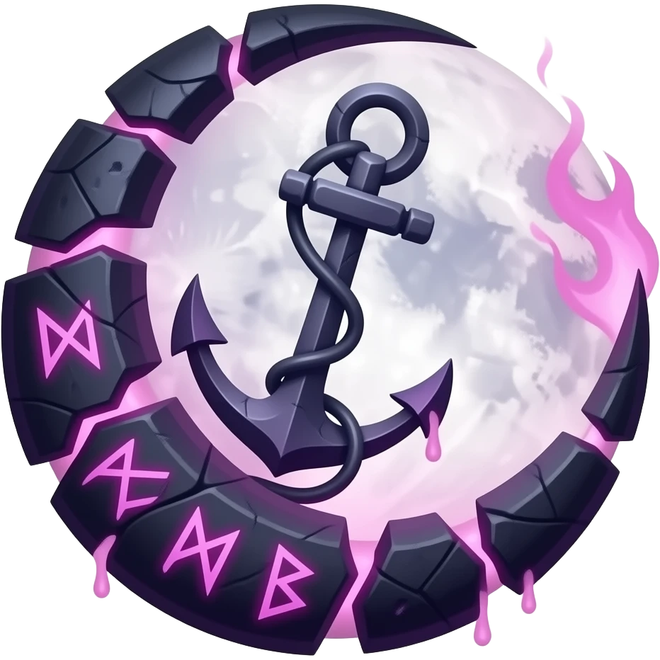 „blackened crescent‑moon fused with a jagged anchor, cracked runic engravings glowing violet, thin pink curse‑energy leaking like burning veins, soft moonlight catching the cracks, drifting shadow‑mist, ultra‑detailed, black‑violet‑pink palette, no characters“ emoji