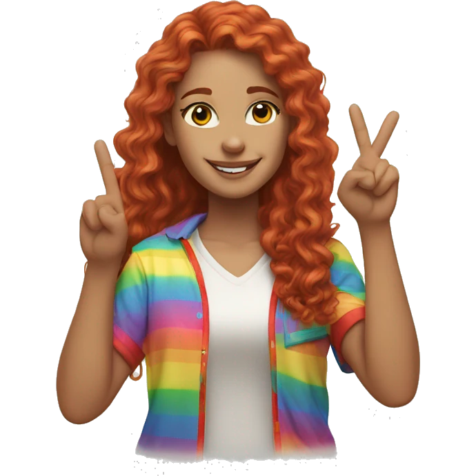 a white girl with long red curly hair in a pony tail with rainbow shirt does peace sign  emoji
