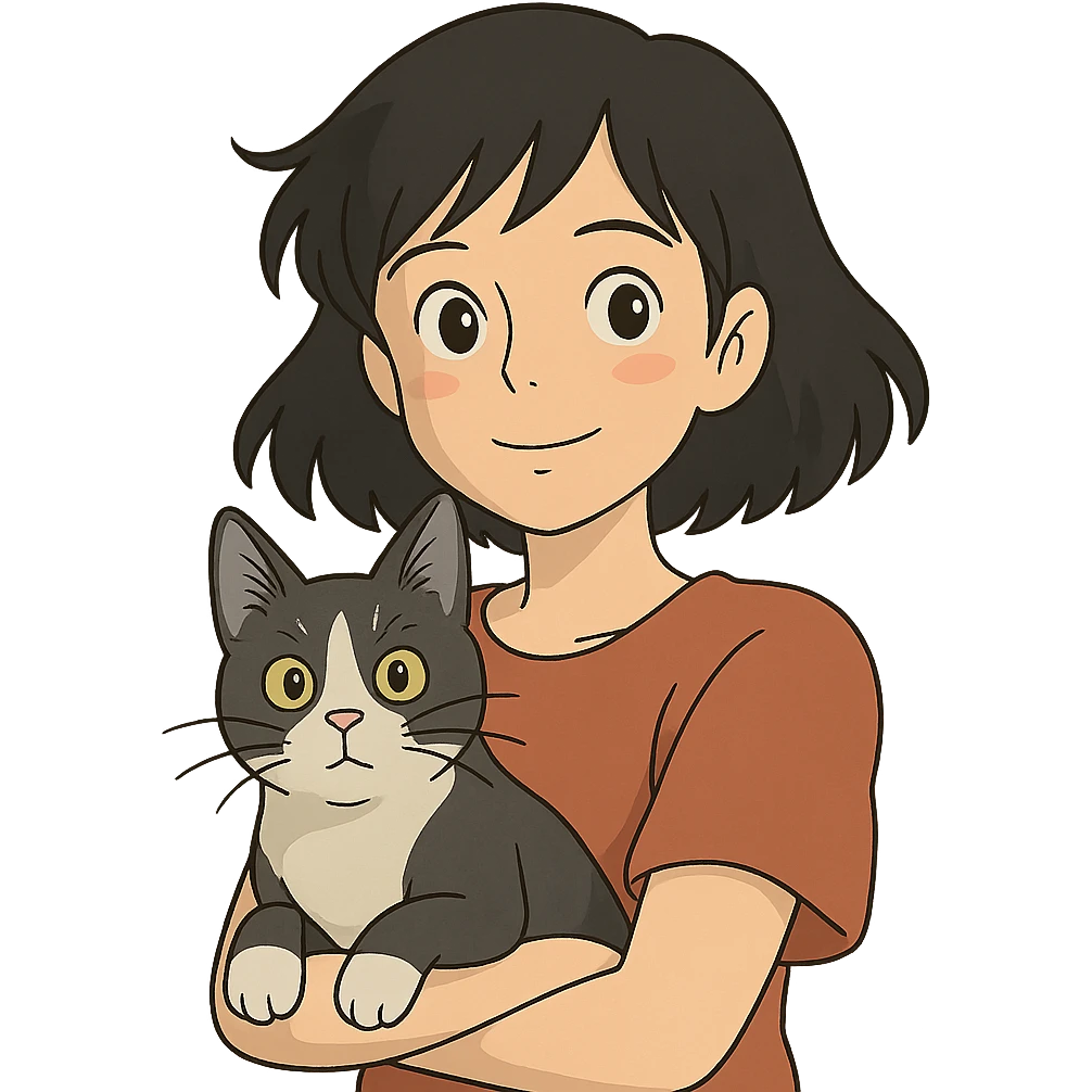 mulher de cabelo preto com gato frajola cinza em estilo ghibli emoji