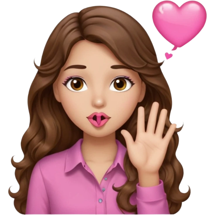 girl with long wavy brown hair, brown eyes, light to medium complexion, in a pink shirt, long lashes, blowing a kiss emoji