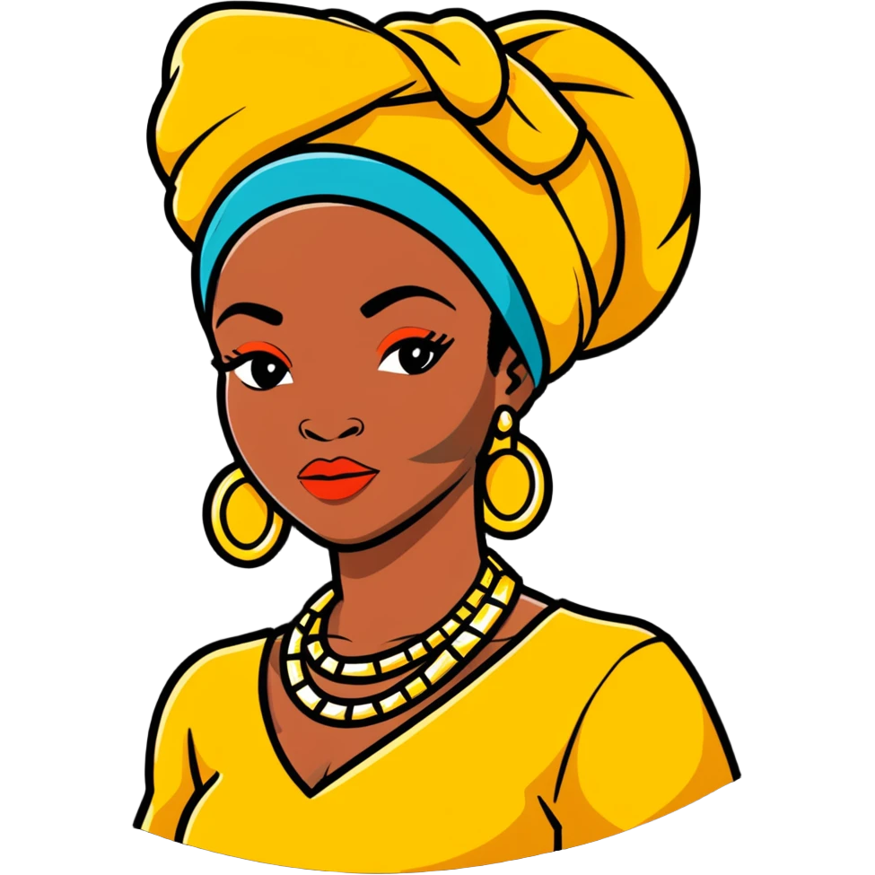 Fashionable African woman with designer clothes, stylish headwrap, statement jewelry and confident pose emoji