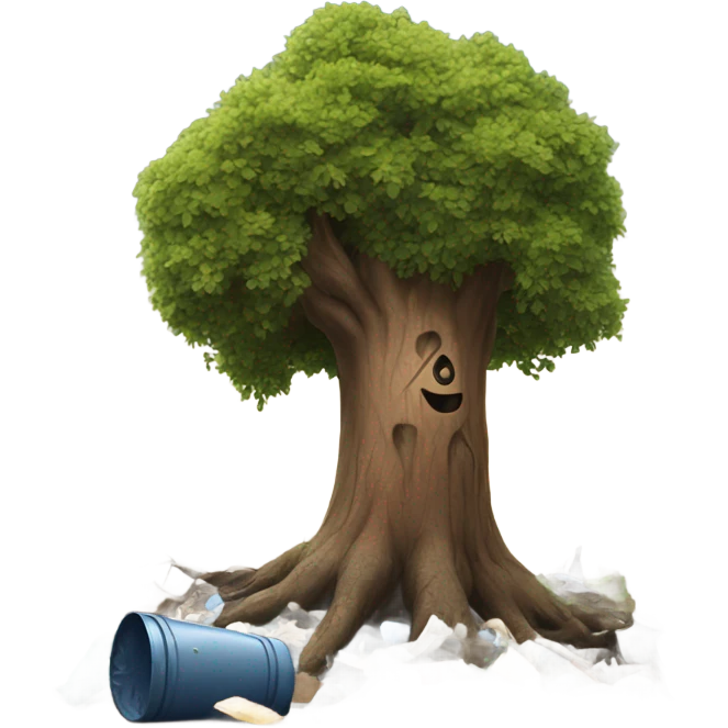 Polluted tree with trash dy it's side and no leaves emoji