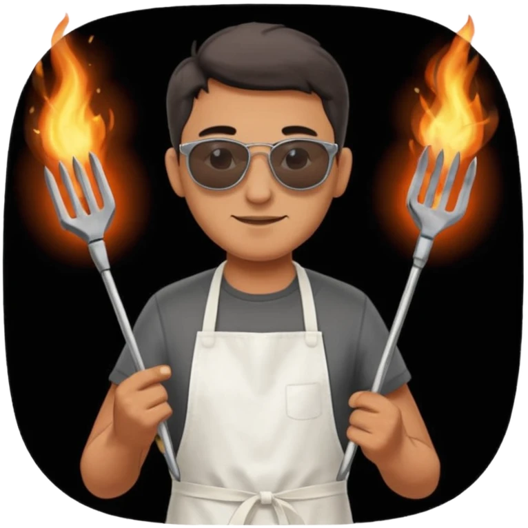 A guy in sunglasses holding tongs, proudly turning skewers over glowing charcoal. emoji