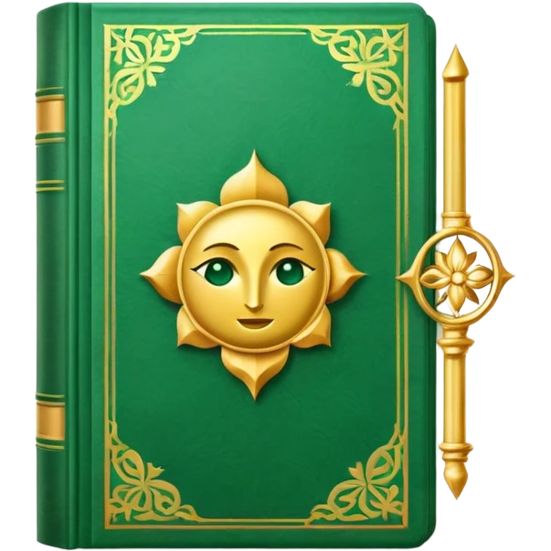 Un libro verde esmeralda con portada con detalles dorados y una textura de terciopelo, con un loto en la portada, irradiando presencia, calma y despertar espiritual emoji