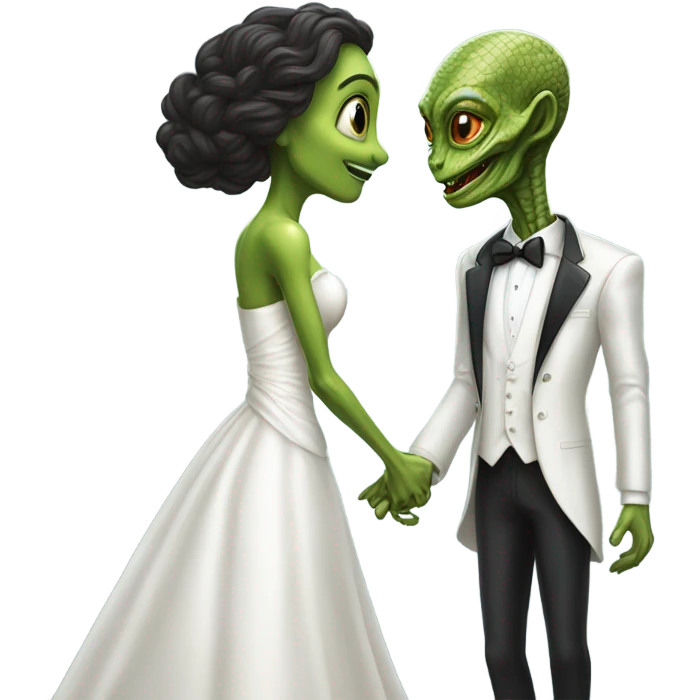 Alien reprilian woman in wedding dress and one man in a tuxedo holding hands getting married emoji